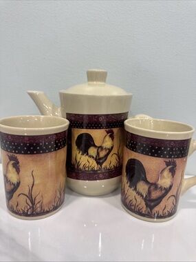 Rooster Ceramic Teapot and Mugs Set - Cream and Brown